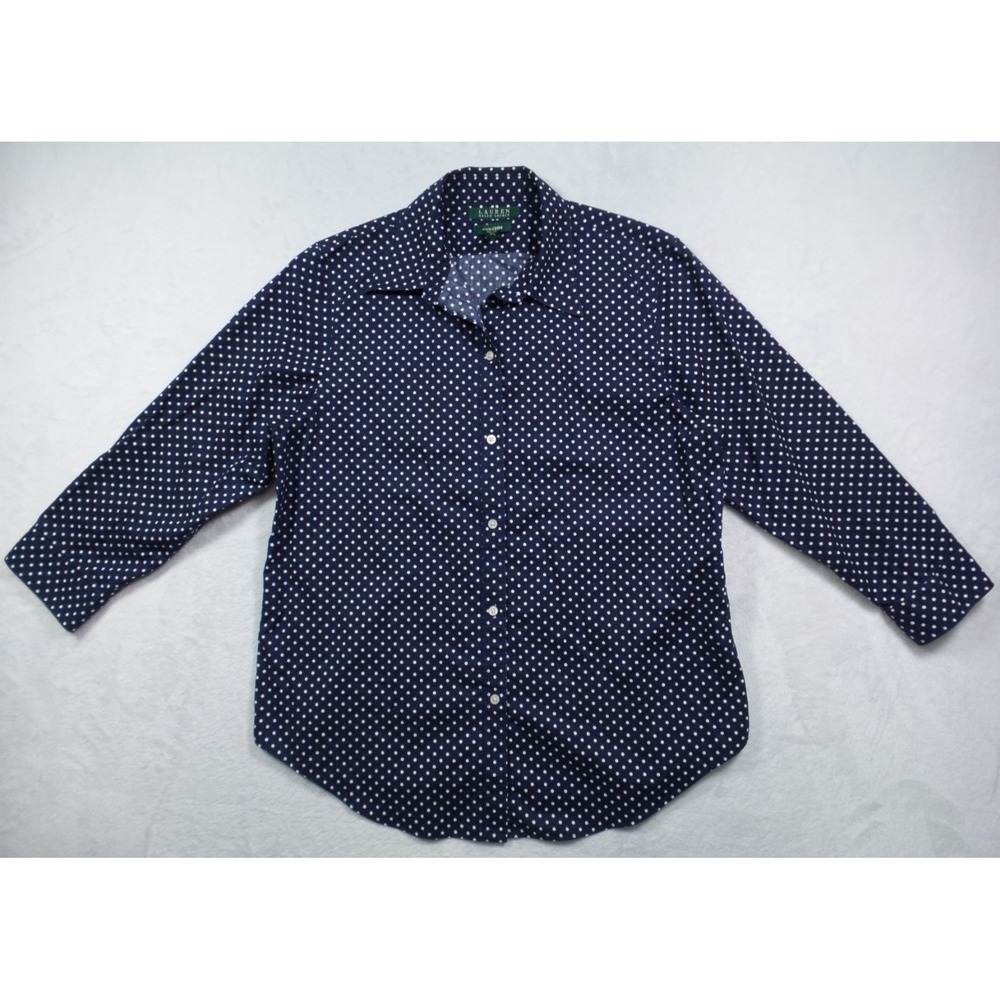 Lauren Ralph Lauren LRL Top Womens Size L Blue Polka Dot Button Up Long Sleeve
